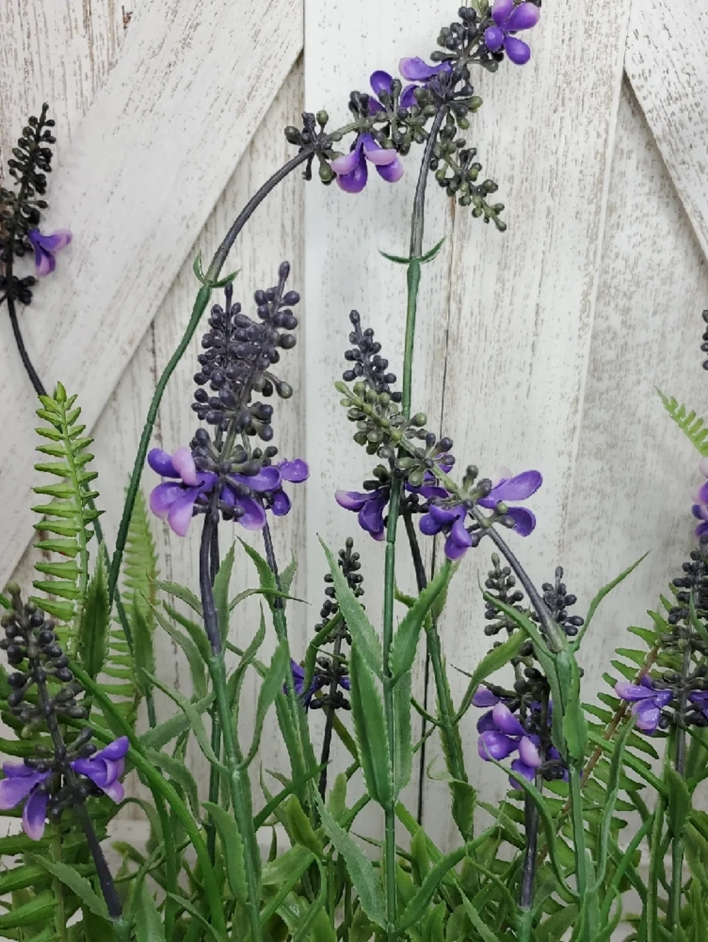 Faux Floral Lavender Fern Arrangement in Metal Planter with Rope Handles